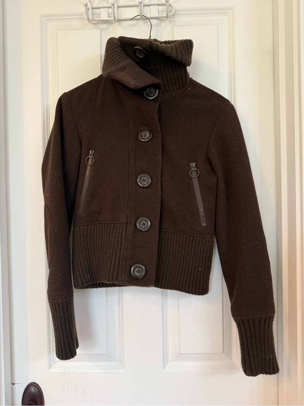 Express Dark Brown Button-Front Ribbed Collar Sweater Jacket